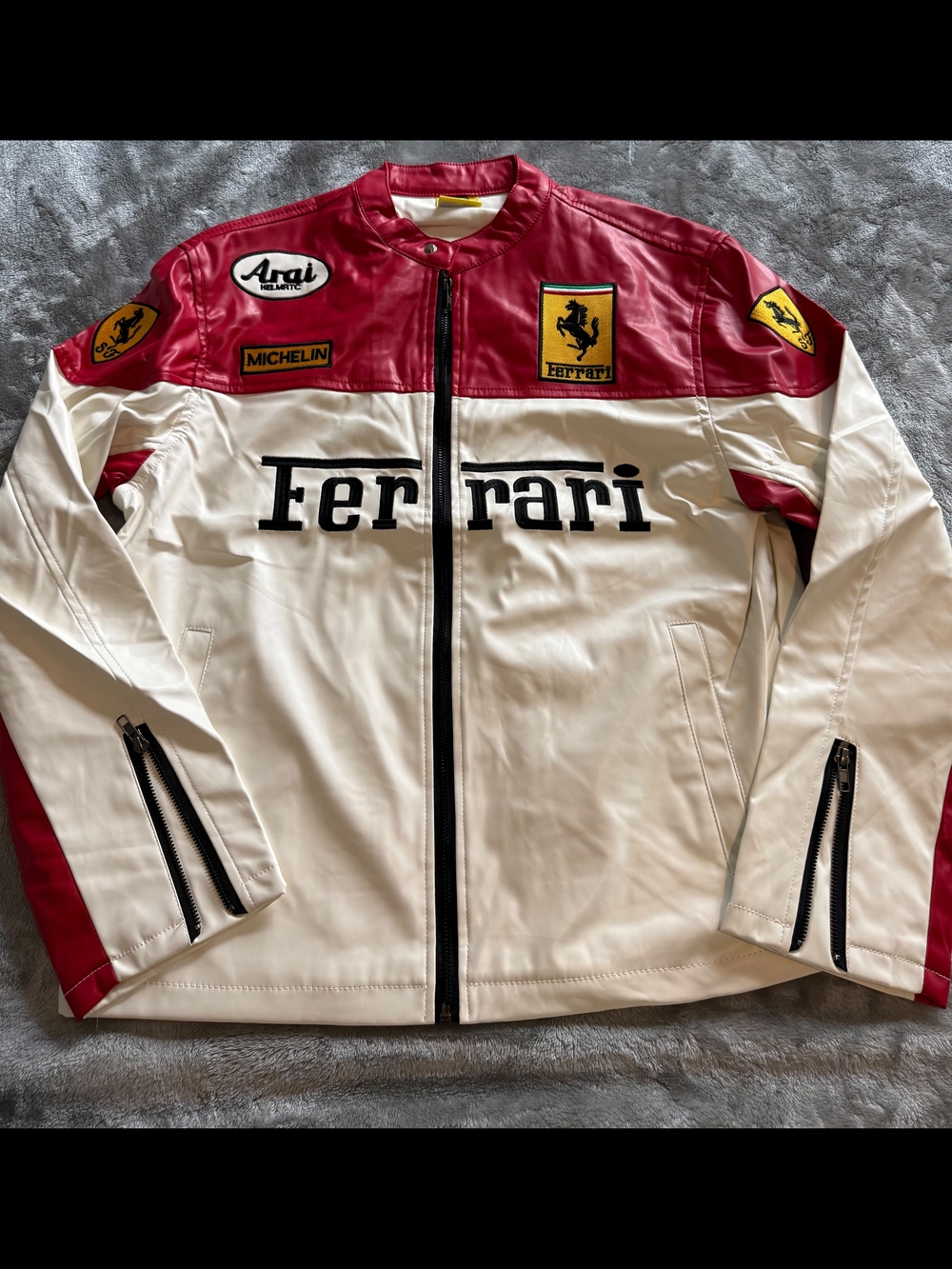 Ferrari Red and White Motorsport Leather Bomber Jacket